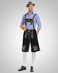 Blaues Oberteil + schwarze Hose + brauner Hut
